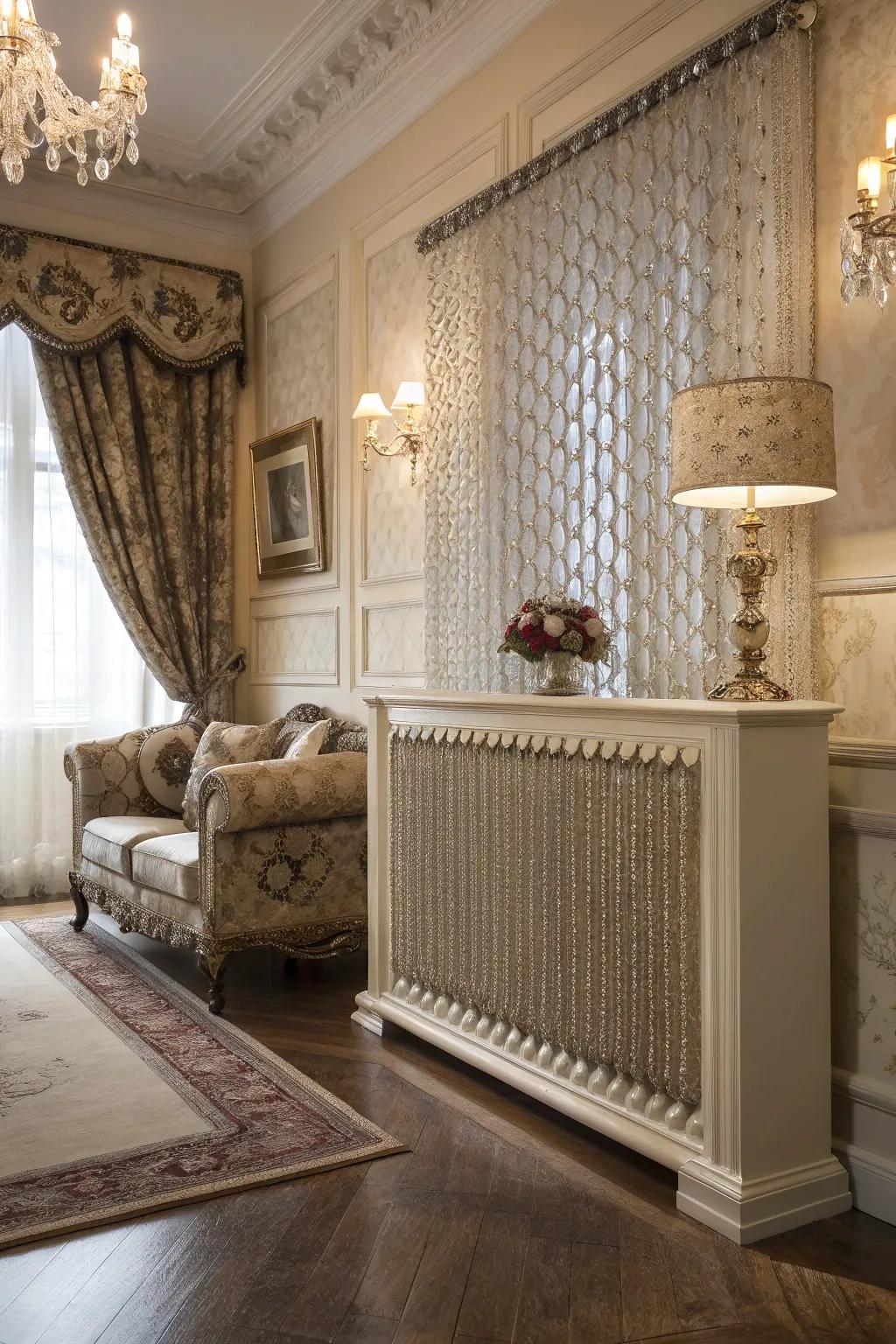 Beaded curtains impart a glamorous shimmer to a radiator enclosure.
