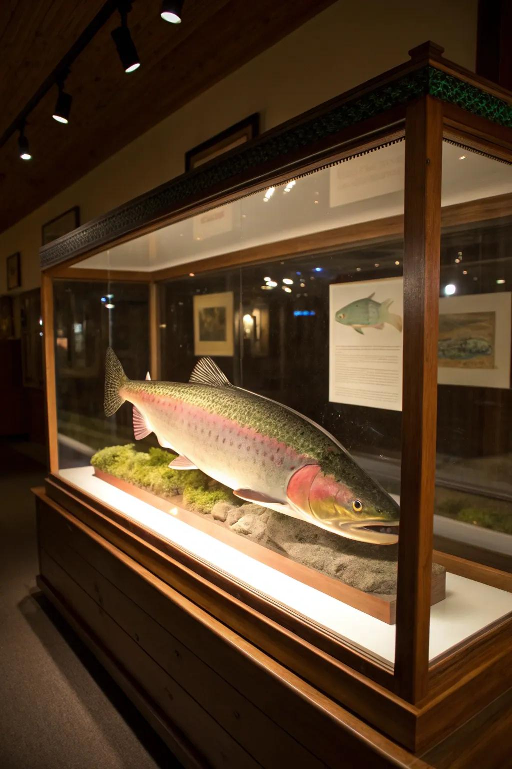 An illuminated display case accentuates the vivid hues of the rainbow trout.