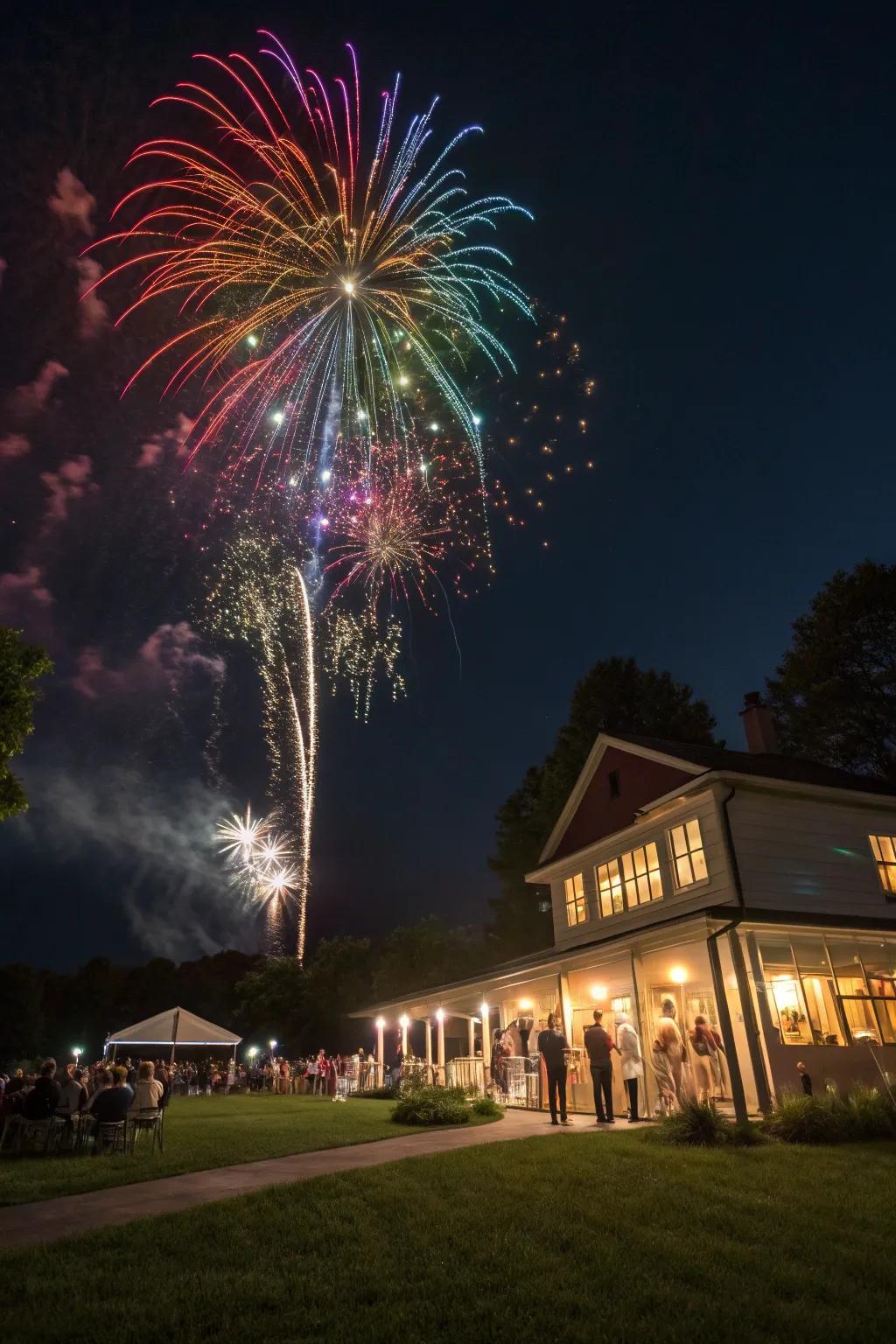 The night sky ignites with a stunning rainbow fireworks display, sealing the wedding magic.