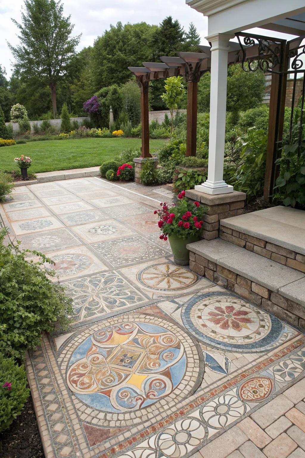 Artistic designs infuse a unique flair into patio floors.