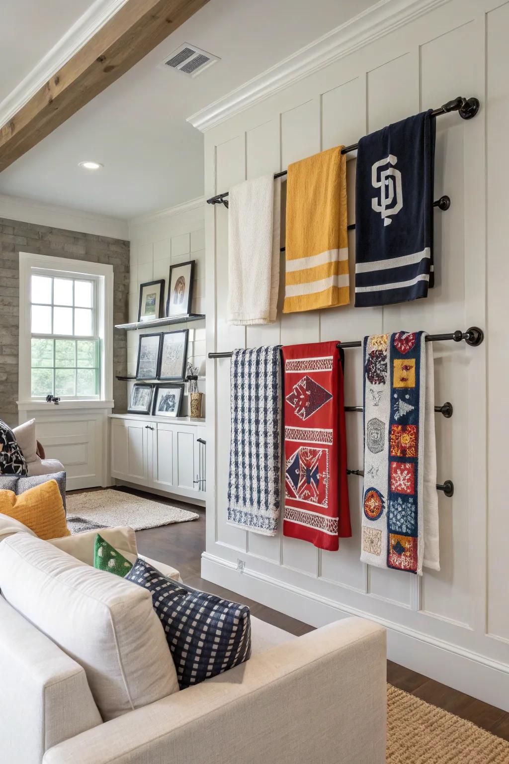 Add richness with a layered rally towel wall exhibit.