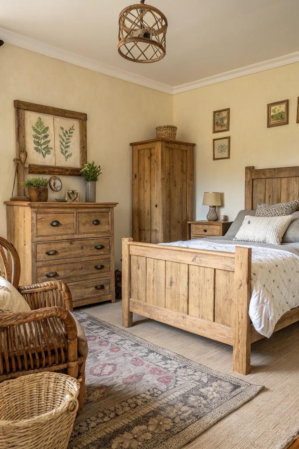 A countryside bedroom showcasing reused timber furnishings.