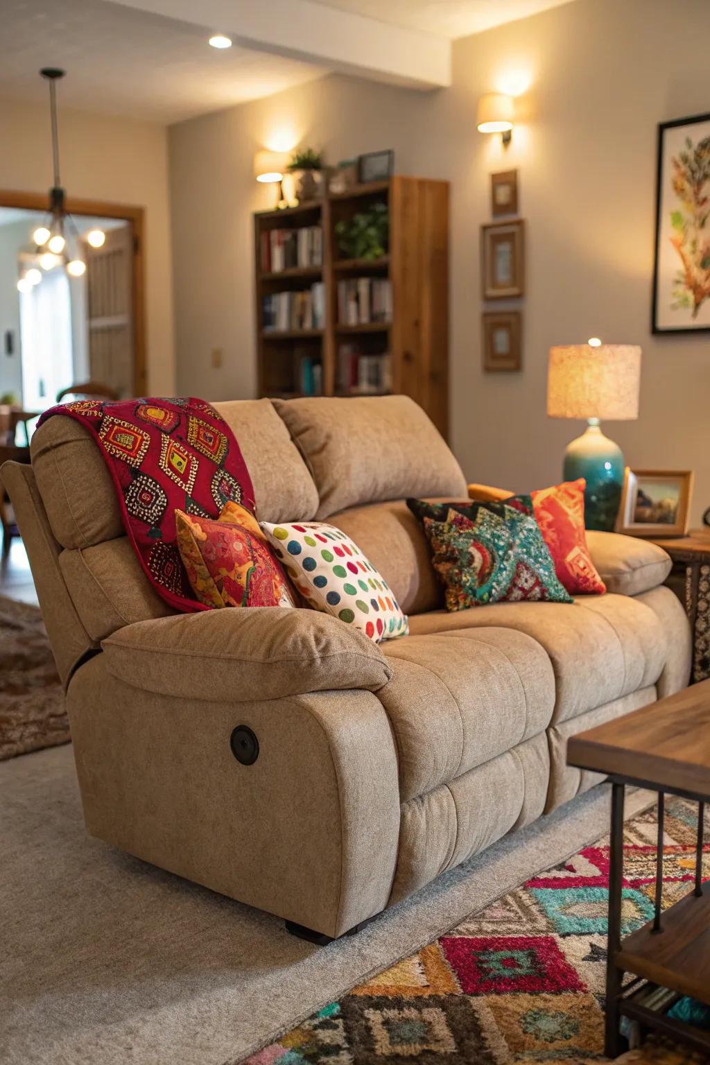 A reclining sofa brought to life with an array of cushions and pillows.