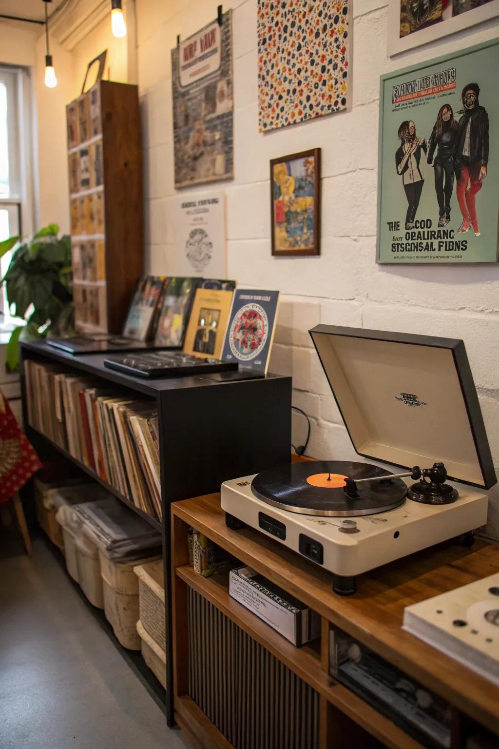 Vintage record store vibe in a modern home setting.