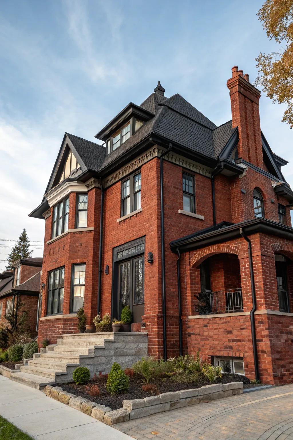 Woodlike trim forges a dramatic and refined contrast with red brick.