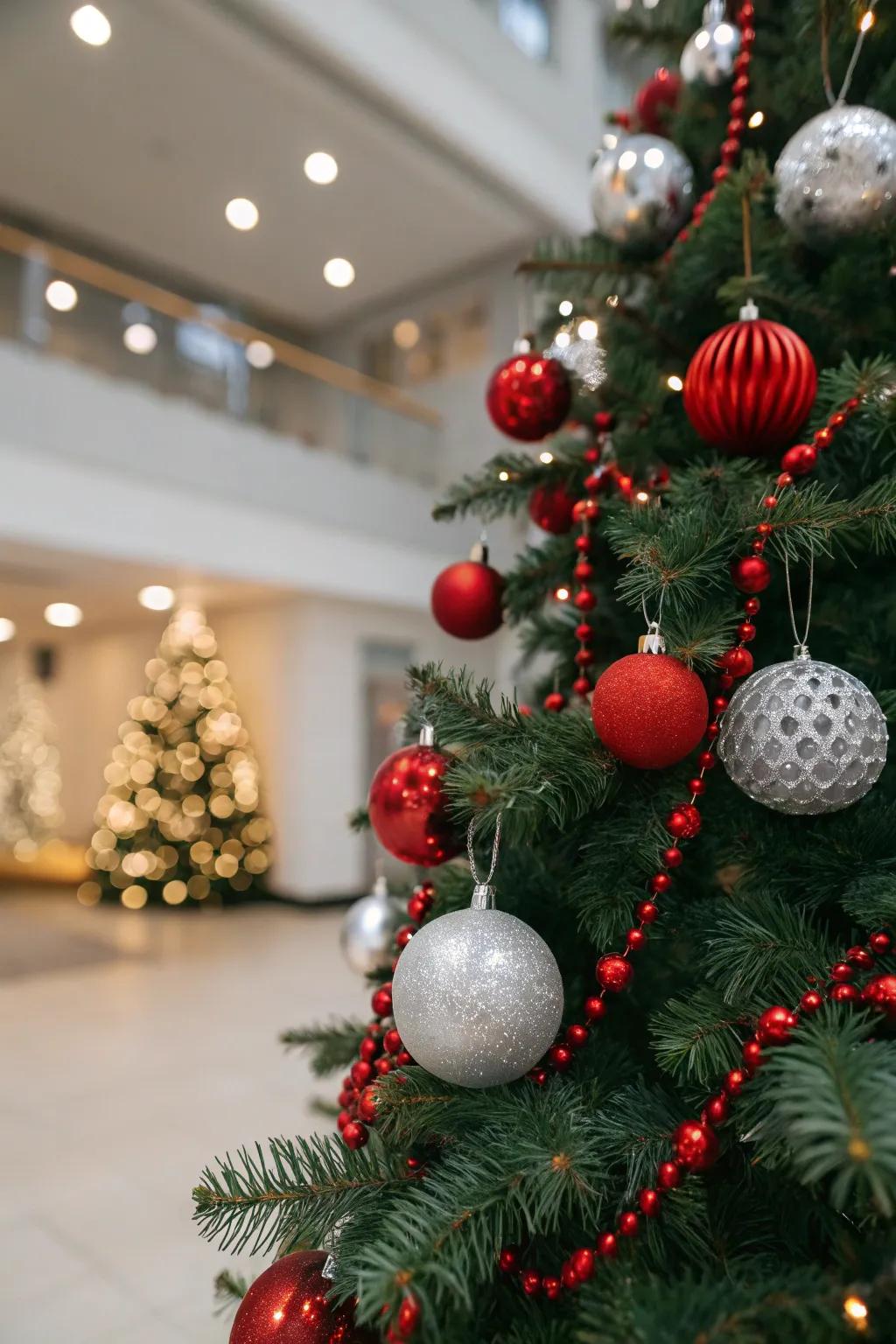 Sleek Christmas tree with red and silver decorations
