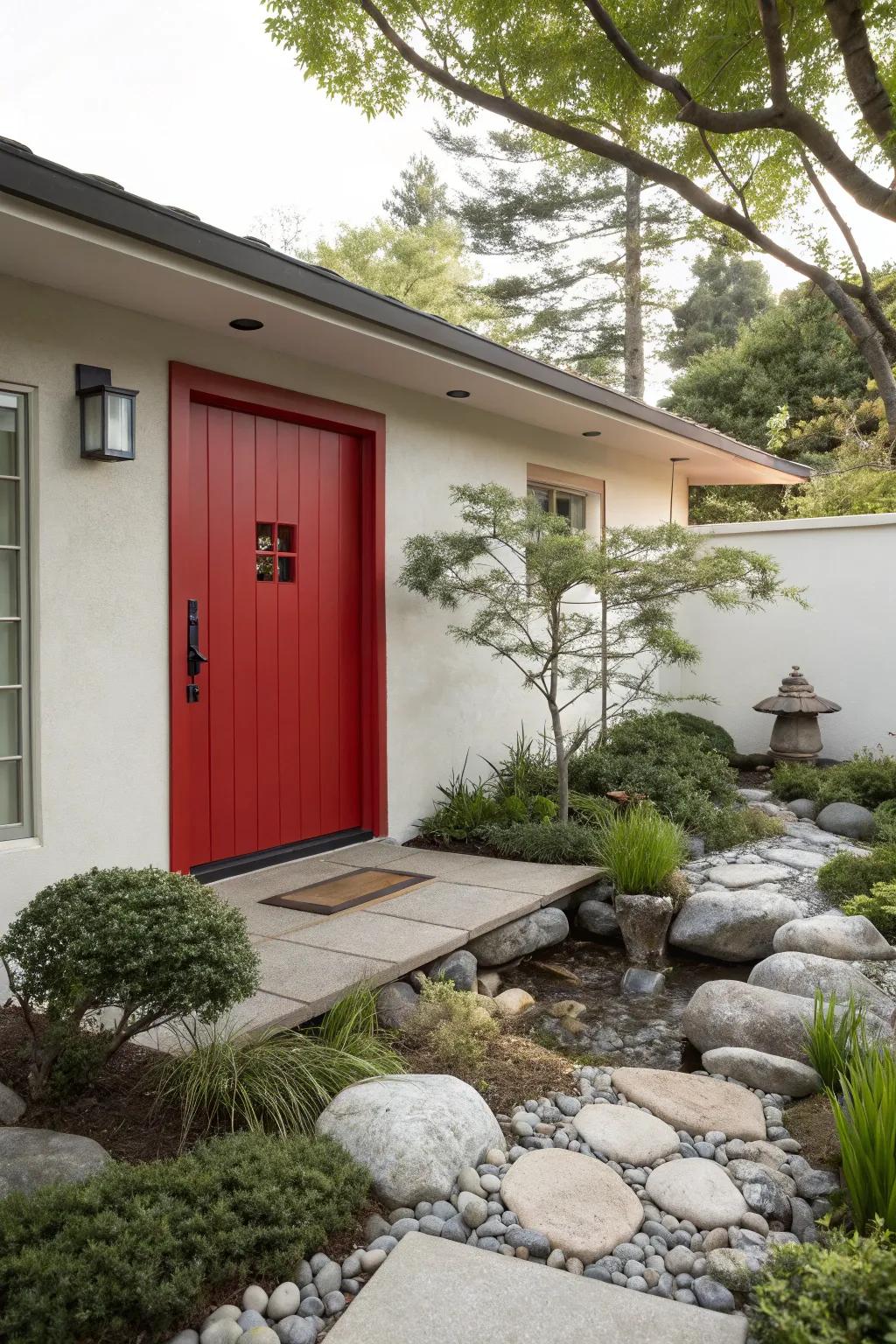 Zen home featuring a crimson door, creating a tranquil yet vibrant entry.