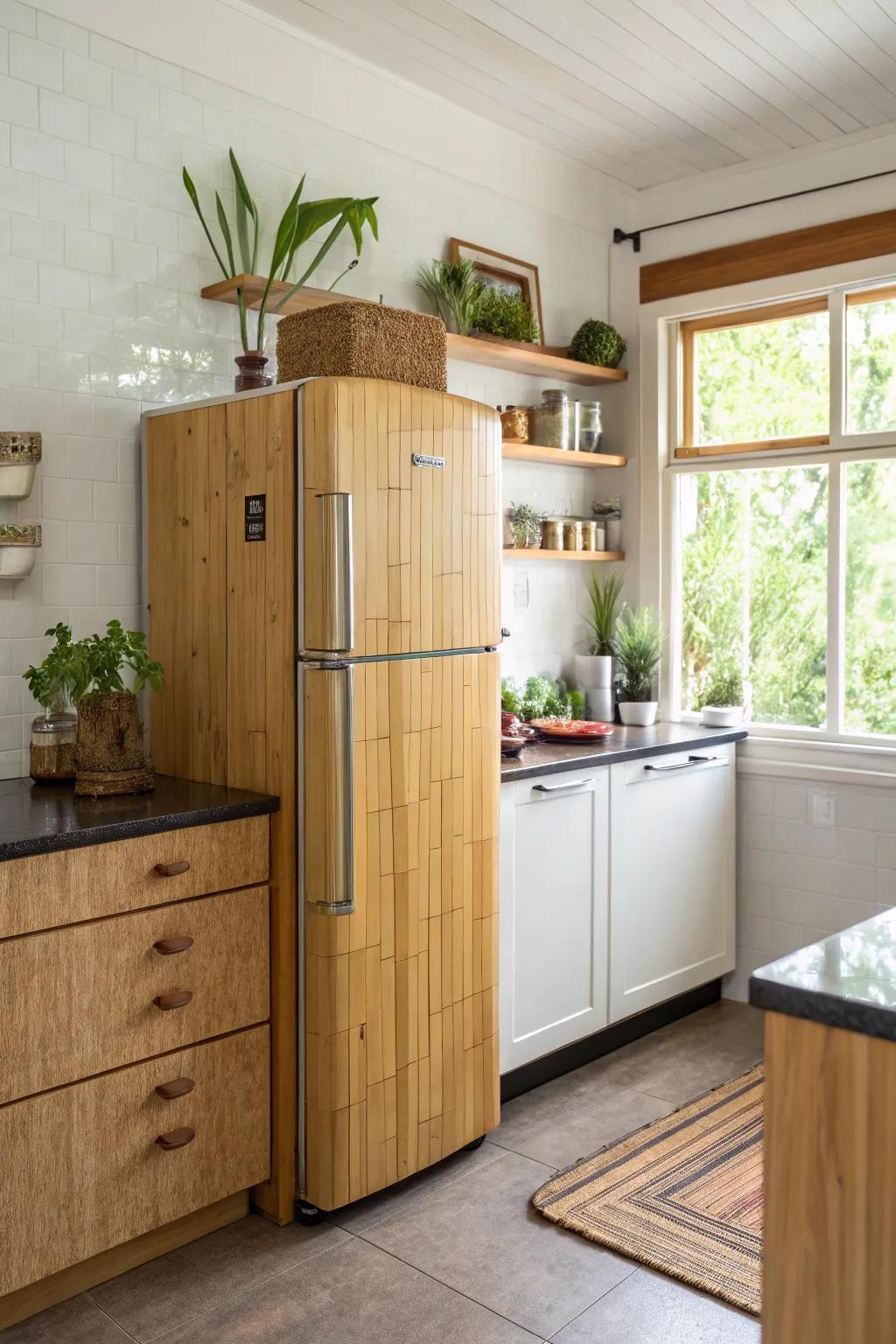 Eco-friendly materials around the refrigerator are stylish and environmentally conscious.