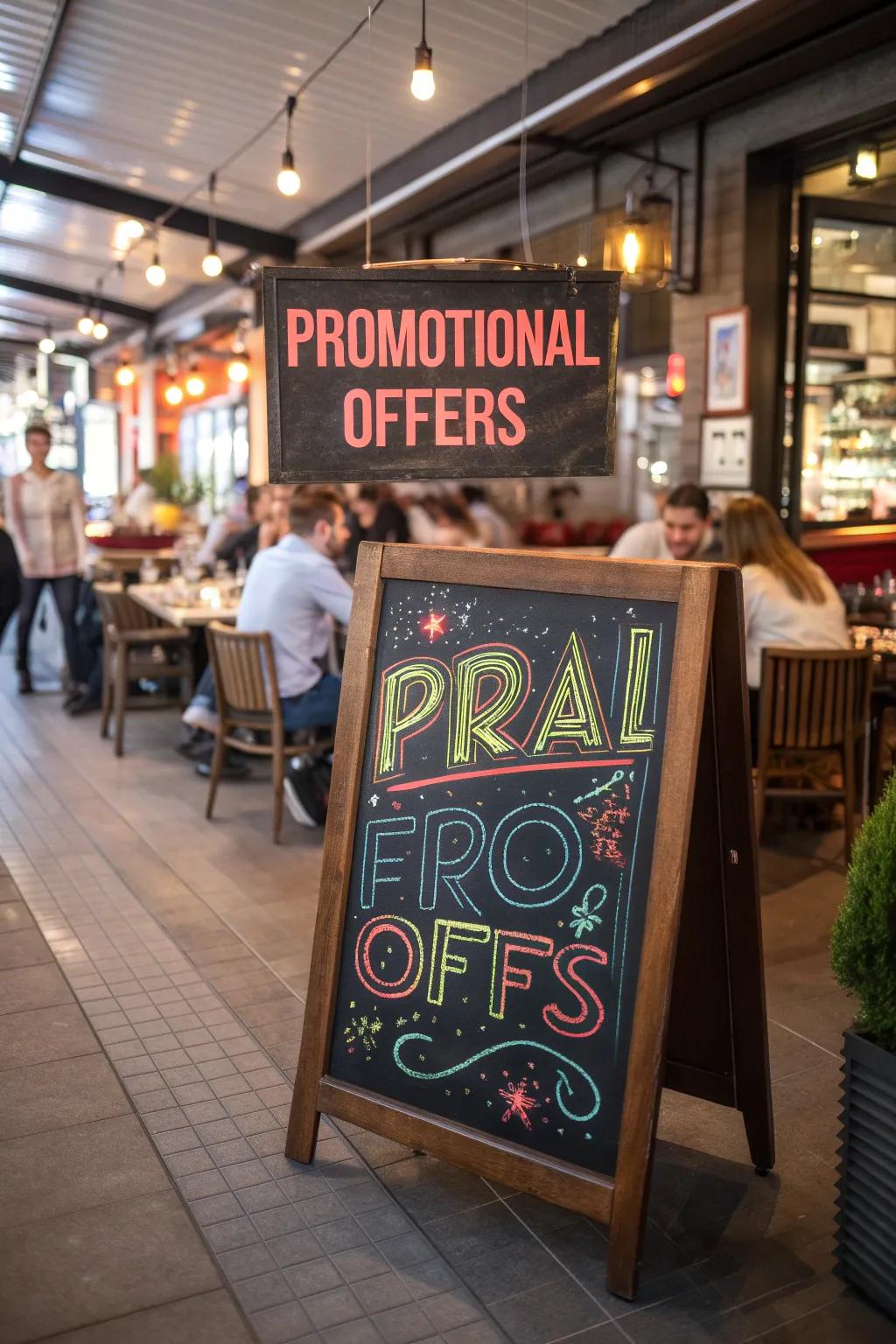 A chalkboard prominently displaying promotional offers with bold lettering and vibrant colors.