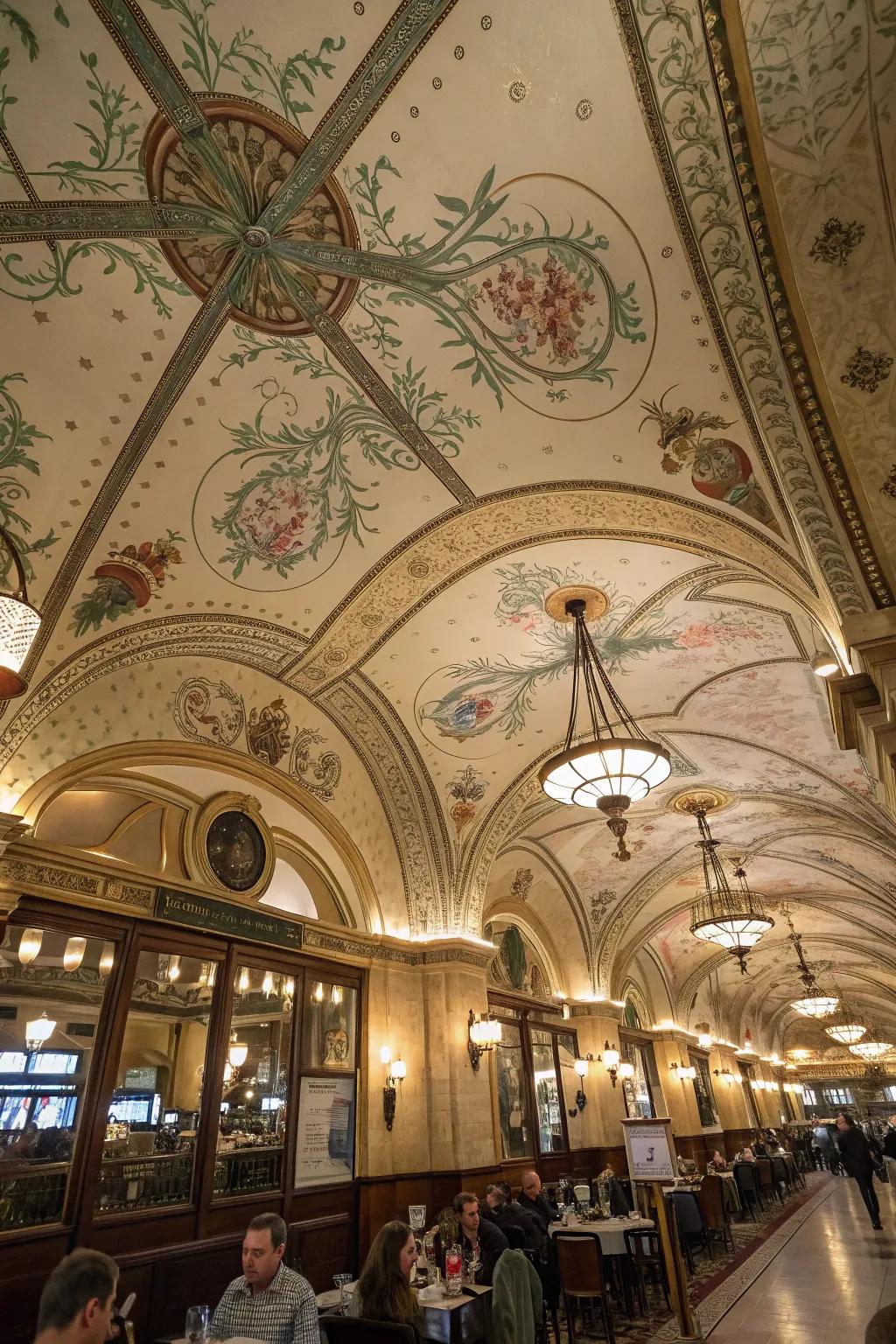 Ceiling art adds unexpected intrigue.