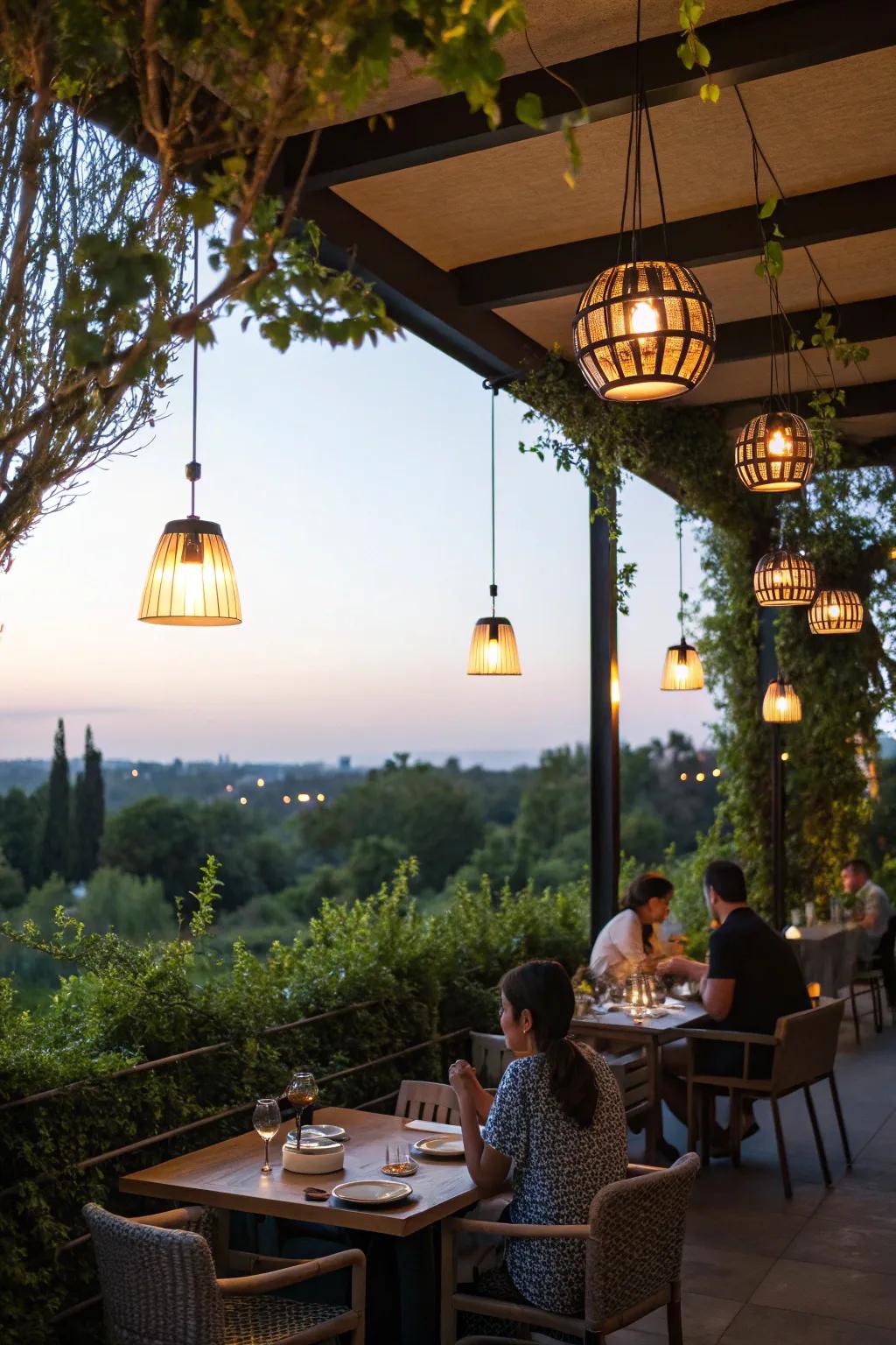 Suspended lamps concentrate elegance upon dining spots.