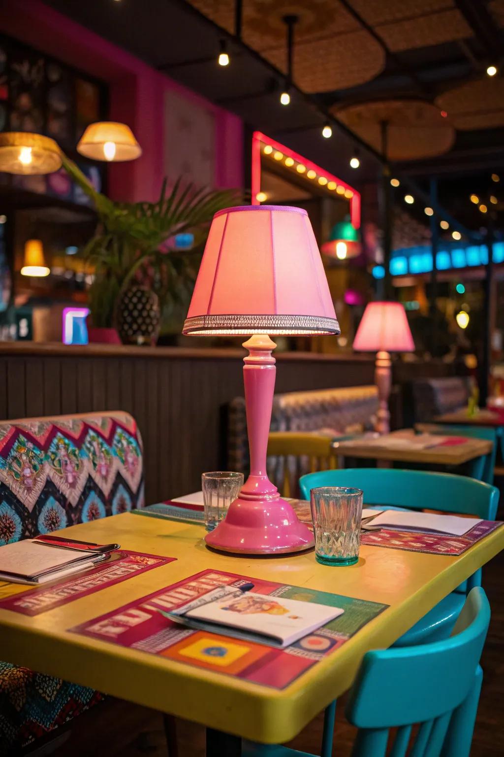 A neon table lamp stands on a vibrant restaurant table, complementing the colorful decor.