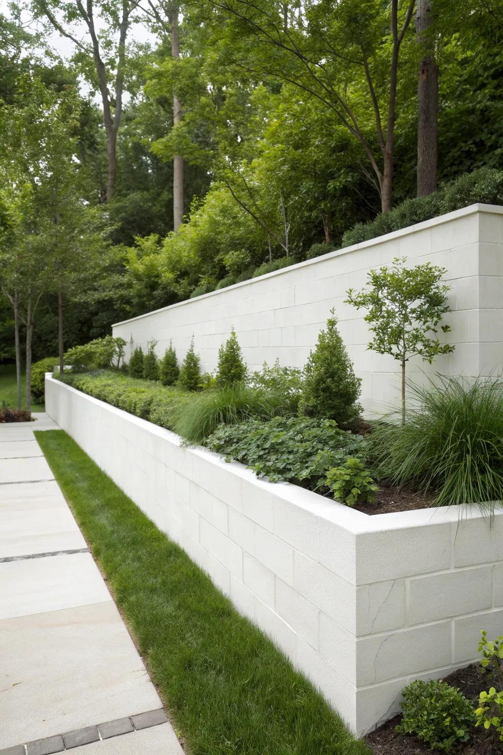 Albino cement blocks fashion a pristine and modern garden aesthetic.