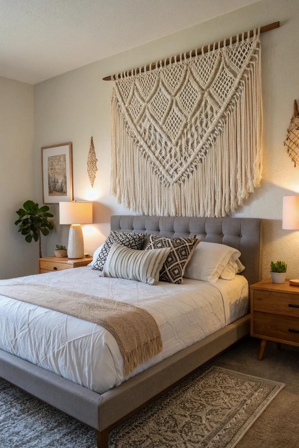 Macramé adds texture and artisan charm.