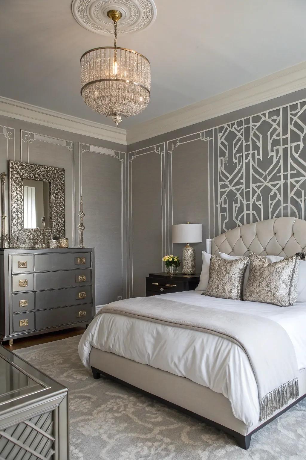 Art Deco influences add glamour to a Gentle Gray bedroom.