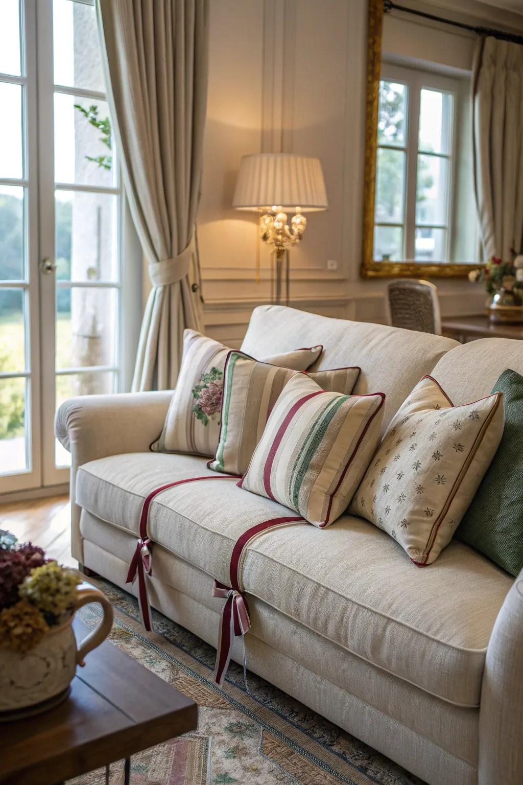 Upgrade your pillows with stylish <strong>ribbon</strong> trims.” loading=”lazy” class=”pimg”>
	</picture><figcaption>Upgrade your pillows with stylish <strong>ribbon</strong> trims.</figcaption></figure>
<p>Incorporate an ornamental nuance to toss cushions by sewing or adhering <strong>ribbons</strong> along the peripheries. This represents a swift manner in which I revitalize my dwelling room decor without a substantial investment.</p>
<h3>These products might be useful:</h3>
<ul class=