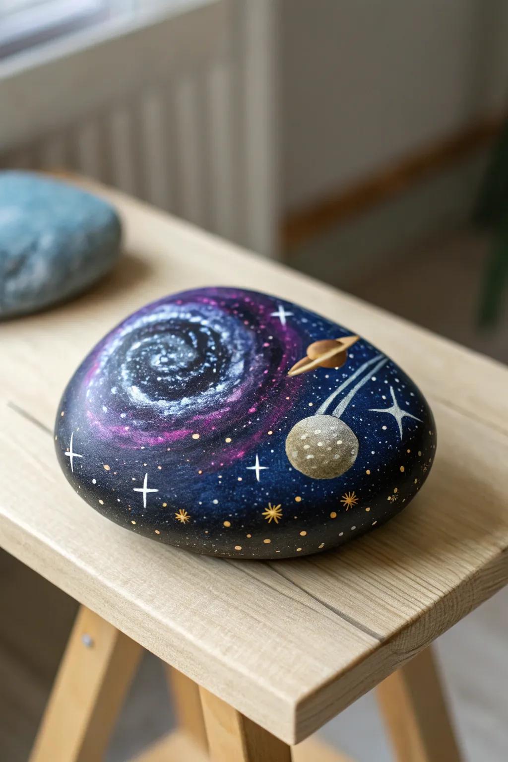 Set out on a cosmic voyage through space-themed rock artistry&mdash;where simplicity encounters the stars.