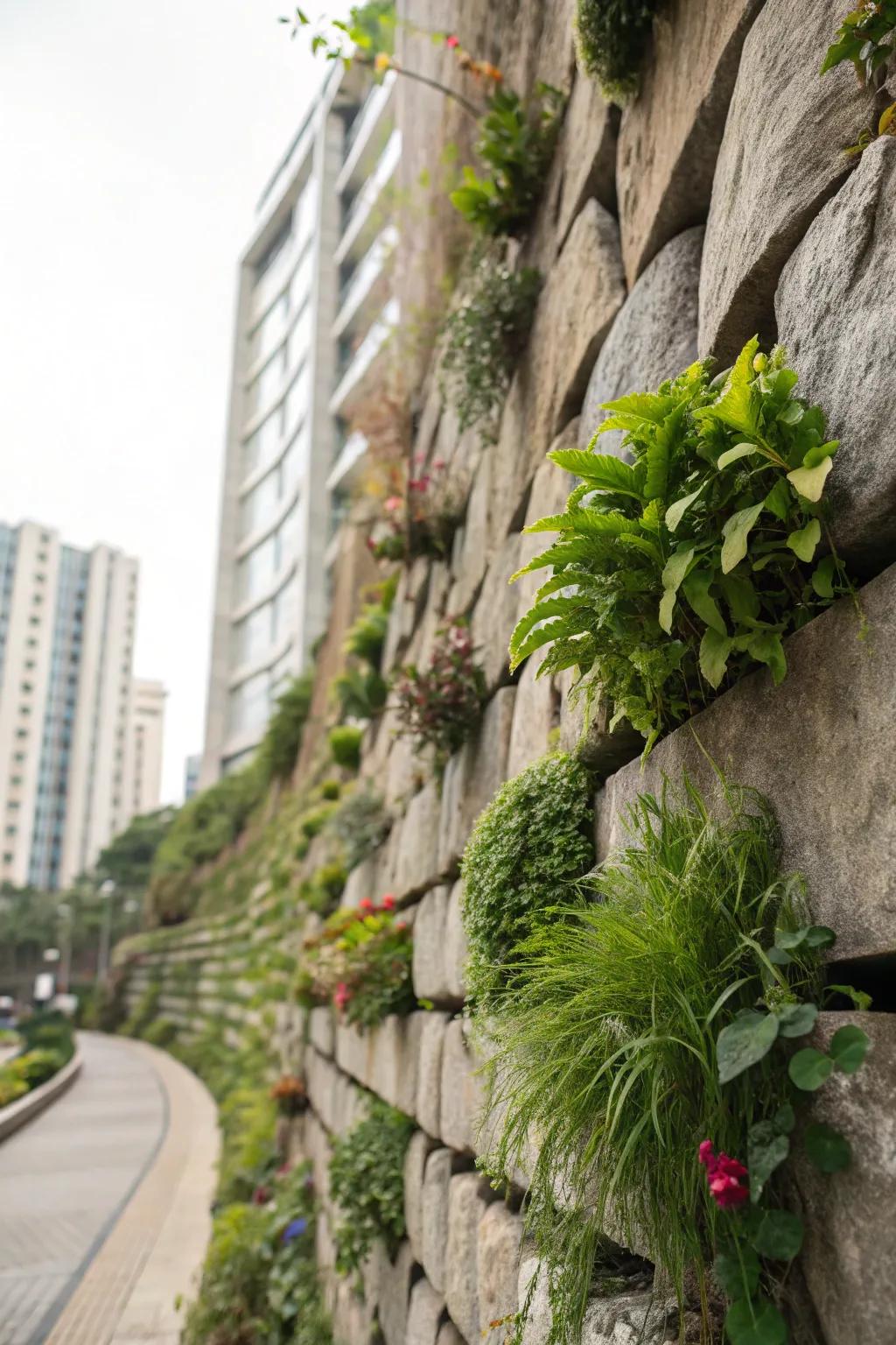 A vertical garden brings stone walls to life through lush greenery.