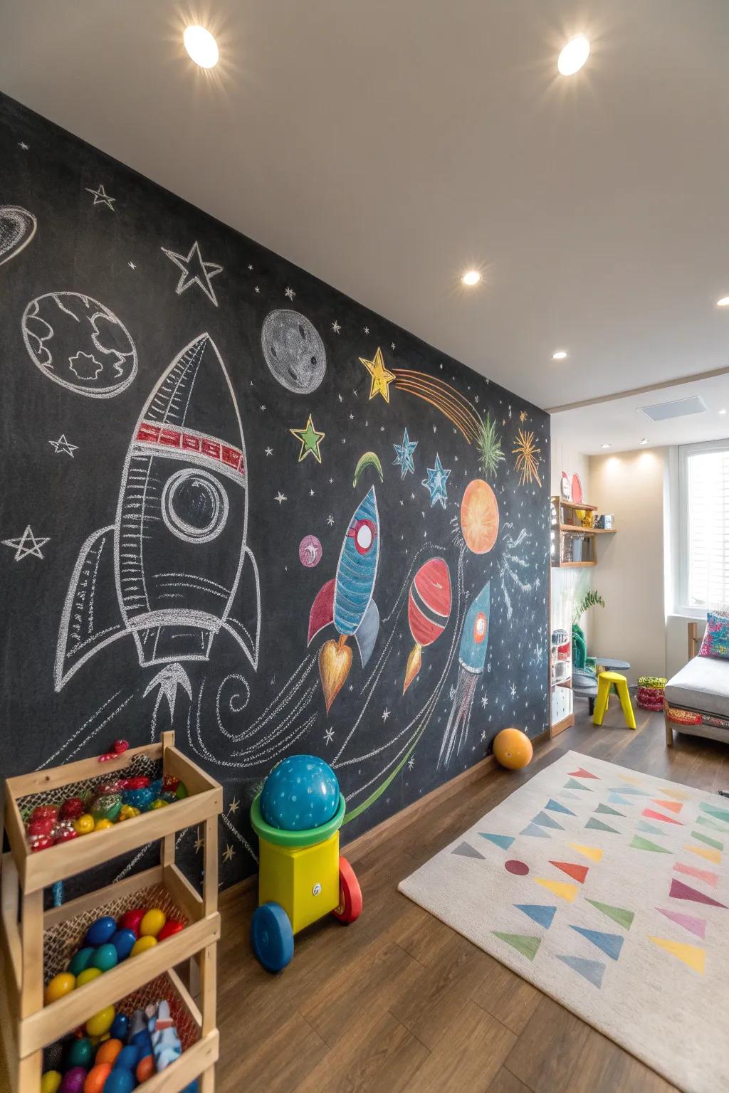 Encourage creativity with a shuttle-themed chalkboard wall.