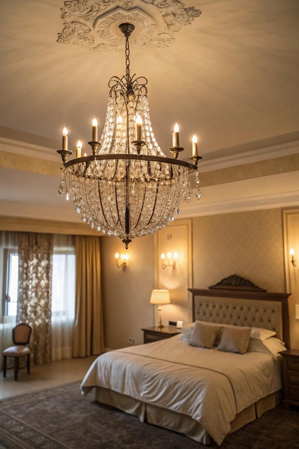 A chandelier adds style and a touch of sparkle to the boudoir.
