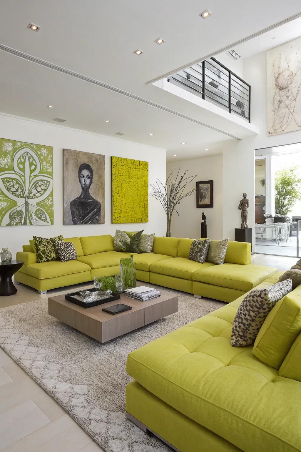 A modern living space featuring bright lime accents and lively energy.