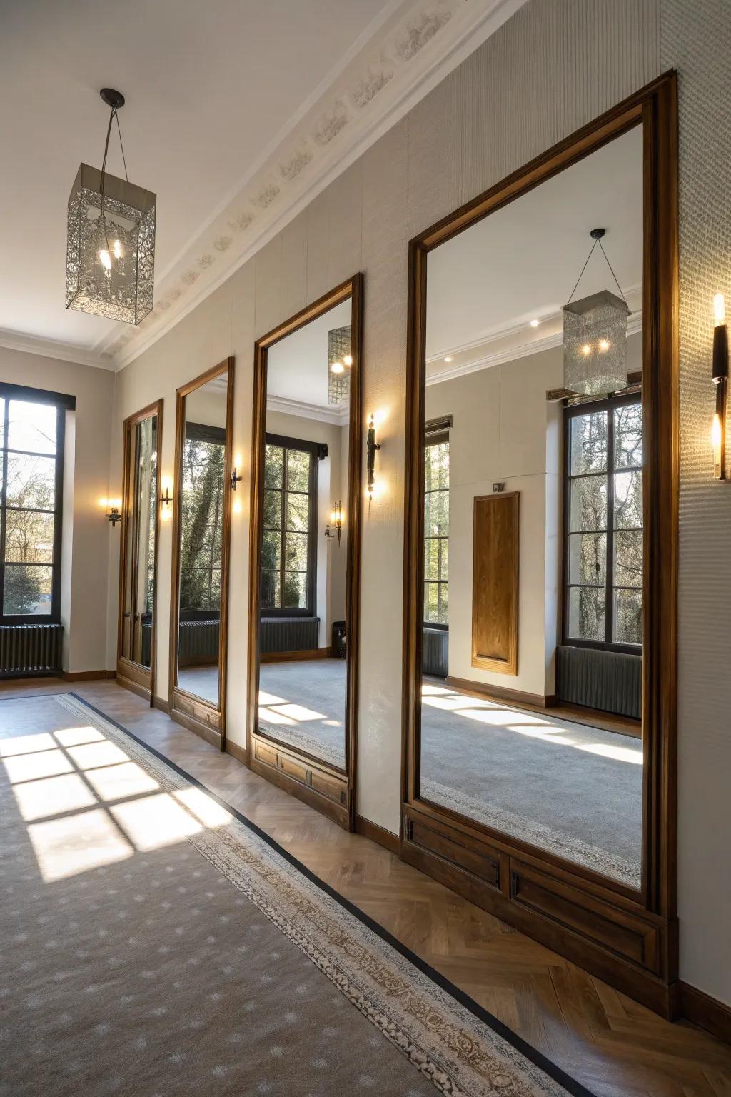 A room magnified by mirrors that amplify and brighten the space.