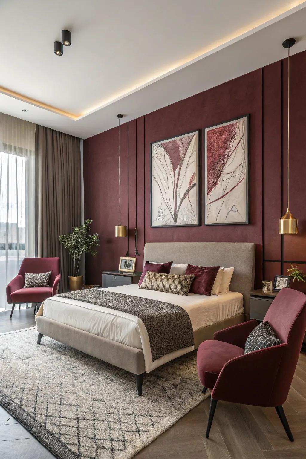 Abstract art with burgundy hues adds a contemporary edge to the room.