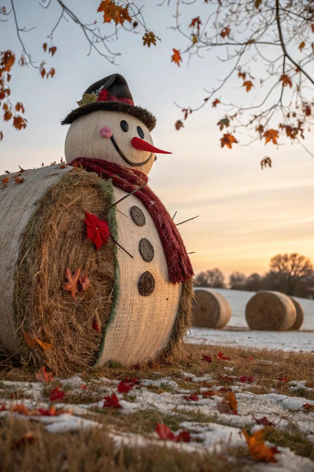 Get ahead of winter by crafting a cheerful snowman out of hay bales.