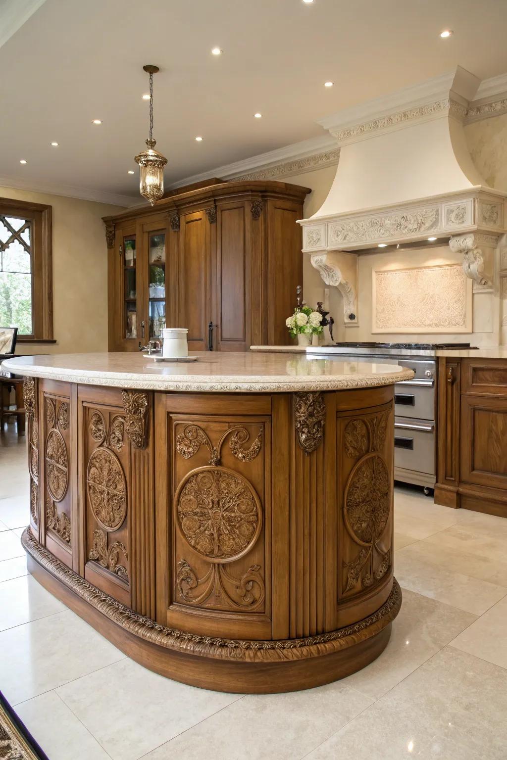 A convergence of heritage and modernity within a circular kitchen centerpiece layout.