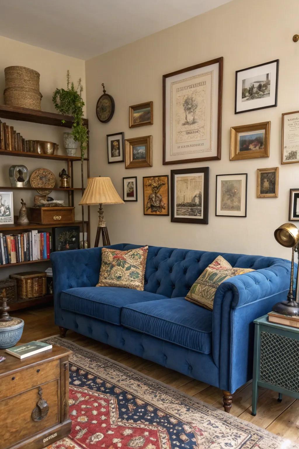 Relic pieces contribute persona and charm to the setting with a cobalt settee.