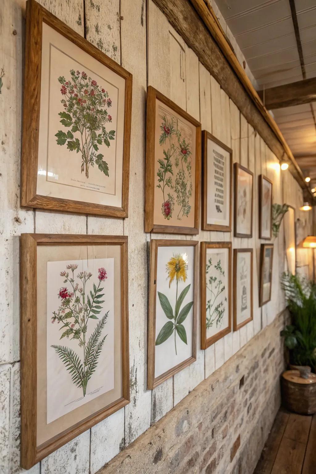 Botanical prints add elegance to countryside decor.
