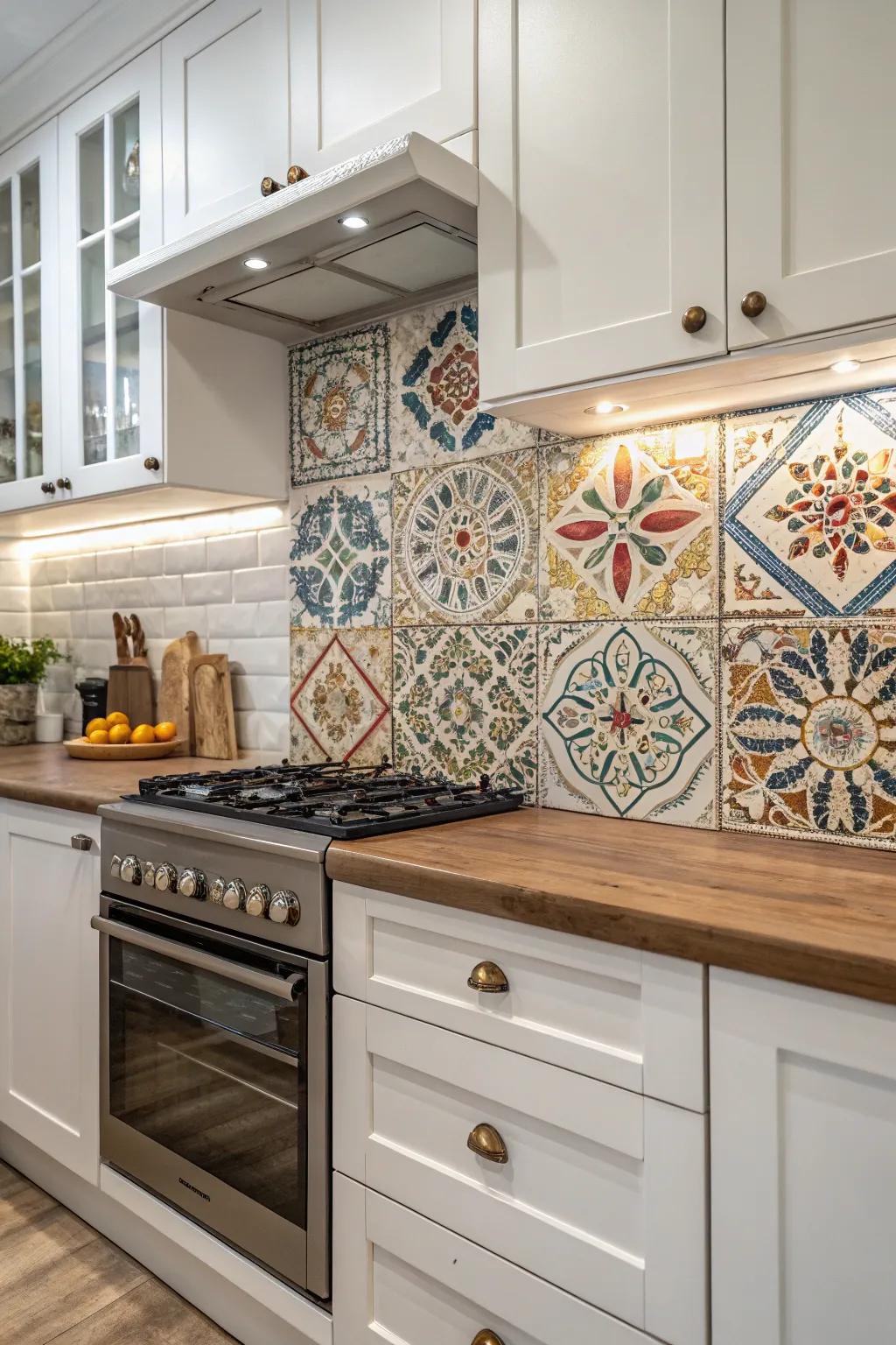 Ornamental inserts add centerpieces and break up the backsplash design.