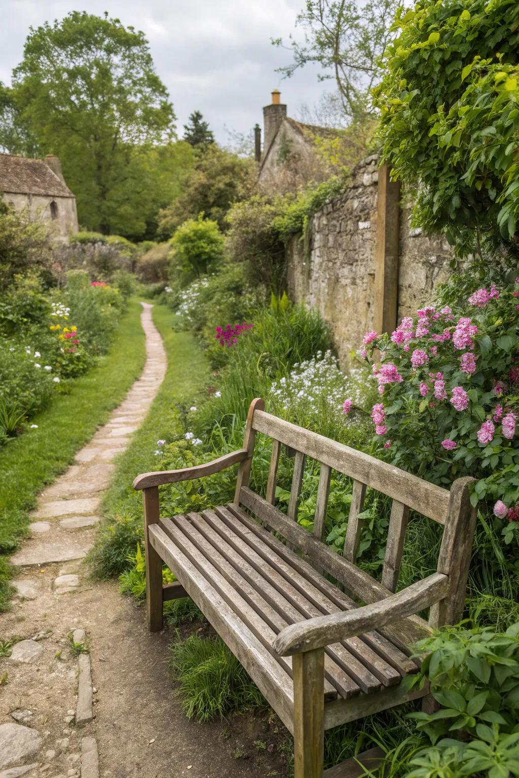 A garden bench crafted from character-rich reclaimed lumber.