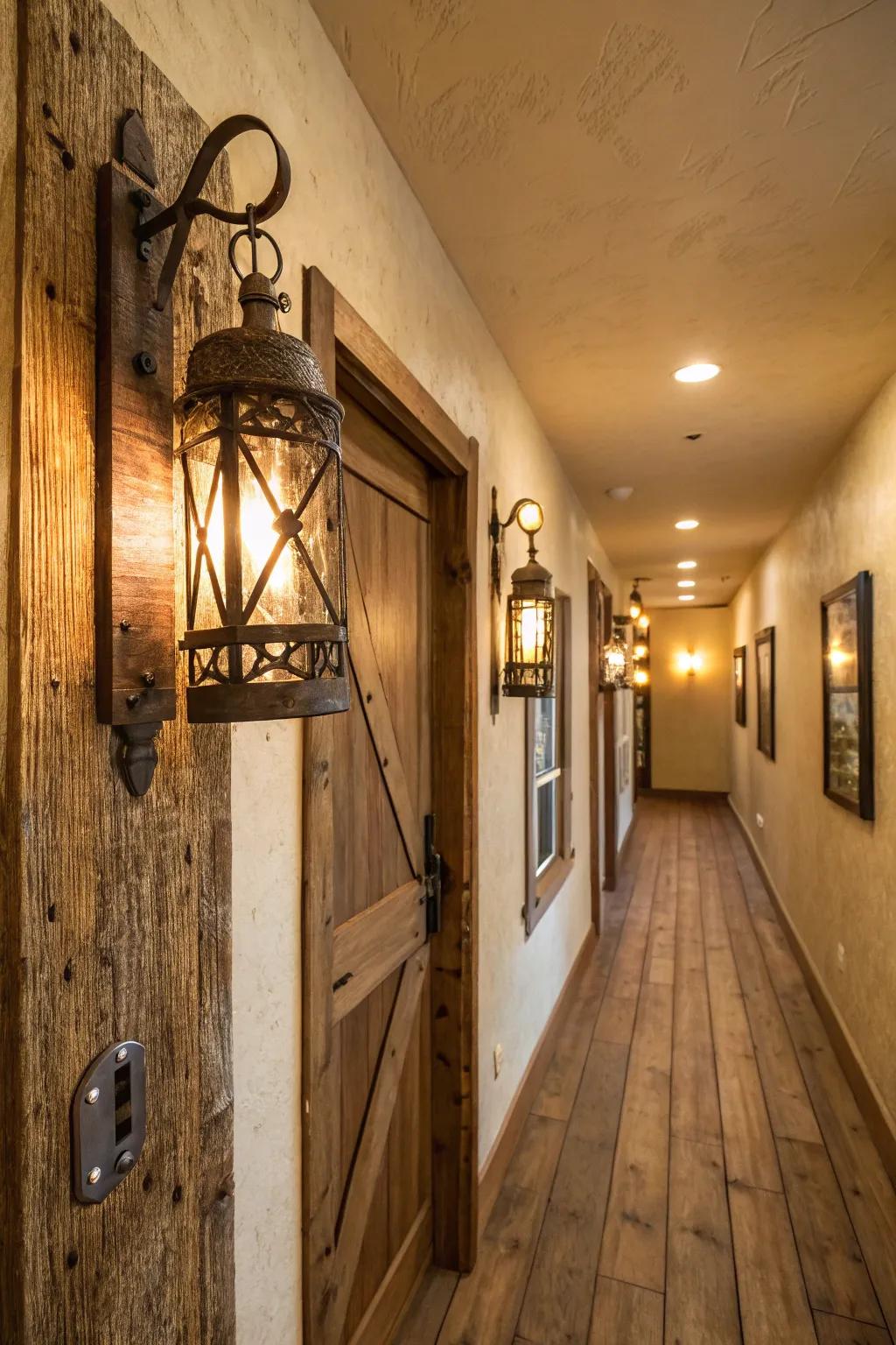 Country wall sconces add understated beauty to this hallway.