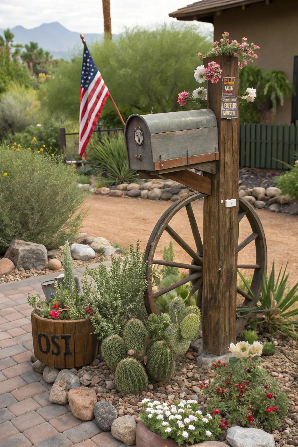 A spoked-wheel bottom bestows a vintage essence upon this earth-inspired mail presentation.