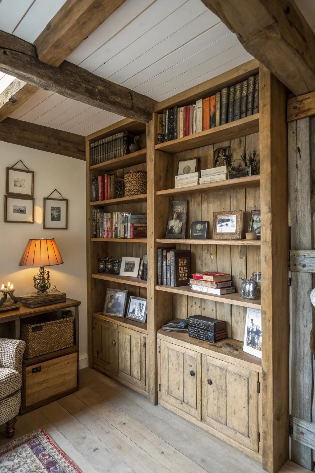 Integrated shelving provides ample space for books and memorabilia.