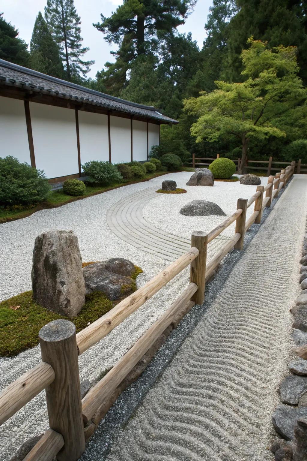 A split rail fence complements the simplicity of a Zen garden.