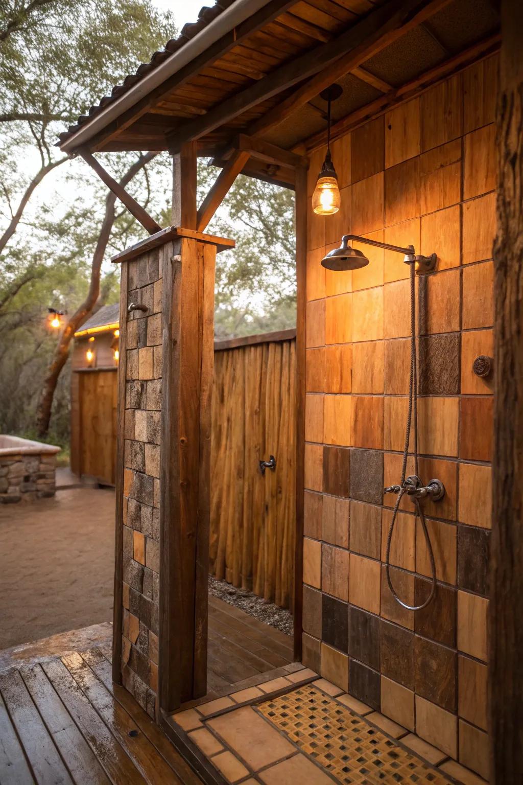 A rustic shower with warm lighting that highlights the textures and colors beautifully.