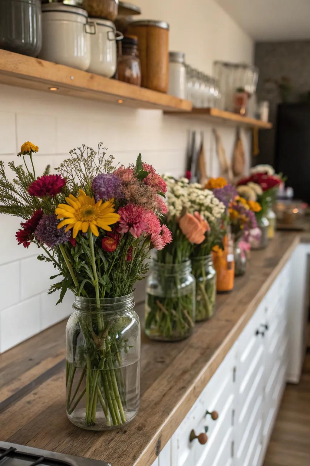 Mason jars are adaptable and timeless rustic vases.