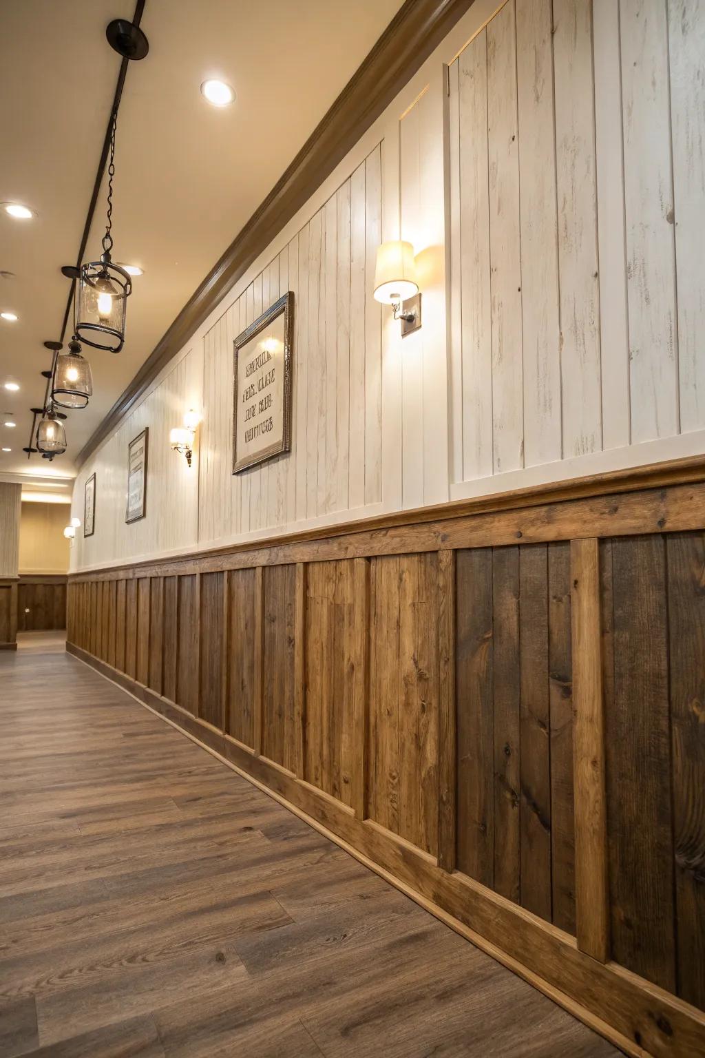 Two-tone wainscoting creates contrast and visual appeal.