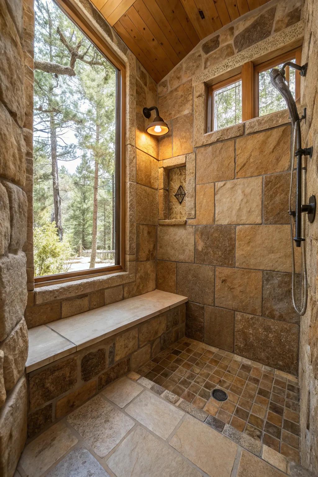 Stone seats merge purpose with rustic charm.