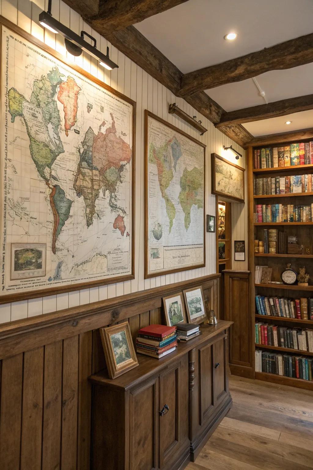 Vintage cartography art appends historical charm to a countryside study.