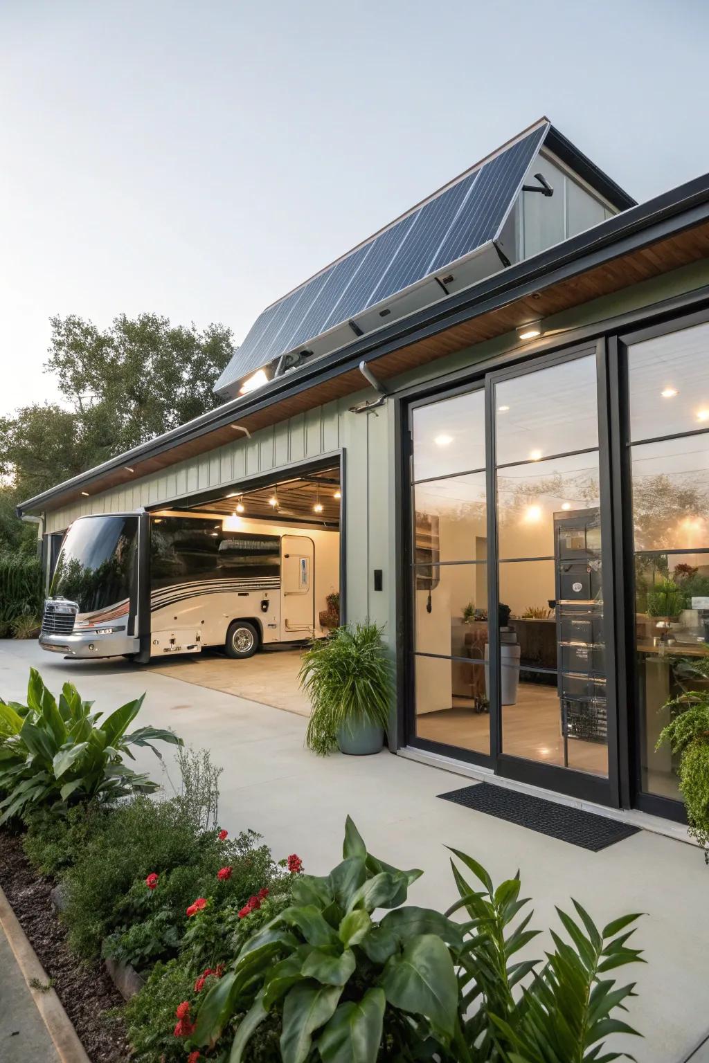 Eco-conscious design integrates solar panels into this RV garage.