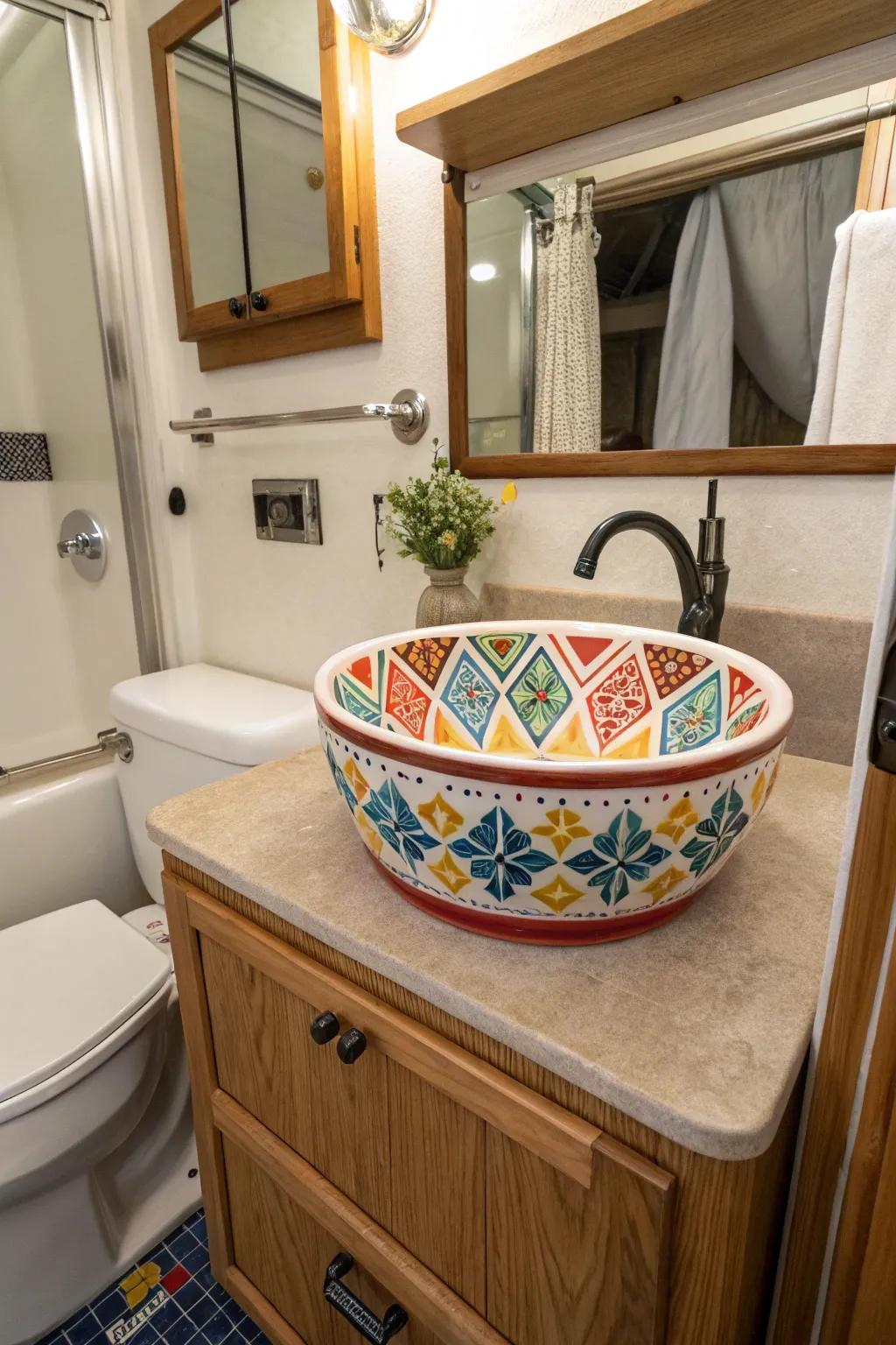 A decorated ceramic sink adds personality to an RV bathroom.