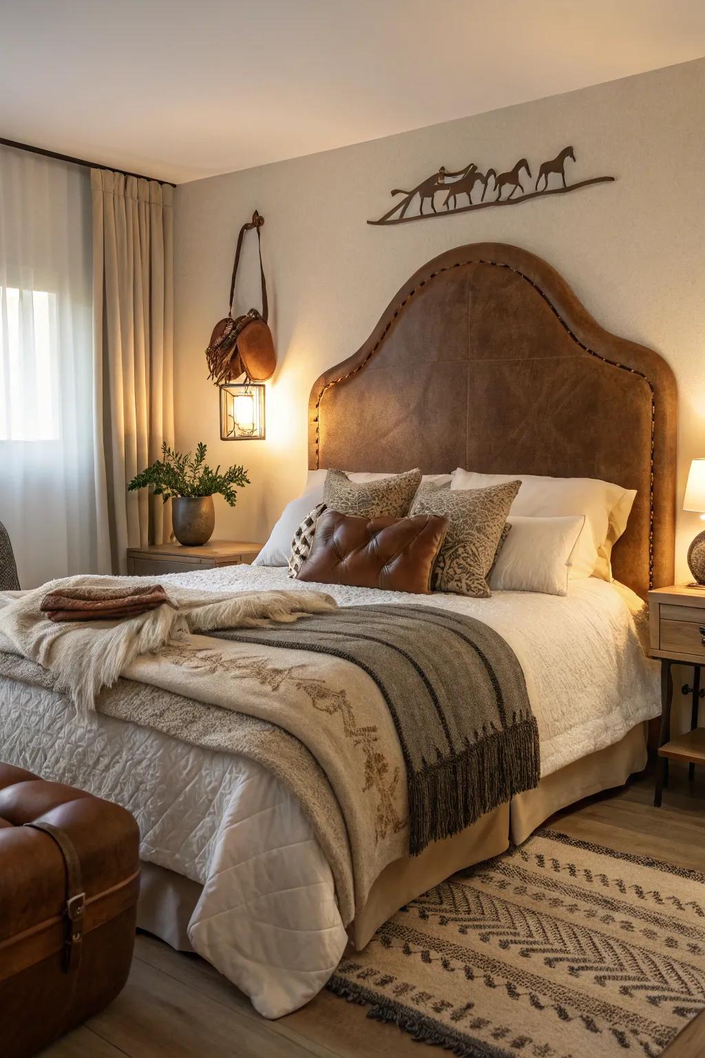 This cozy bedroom is made more Western and charming by the equestrian-inspired headboard.