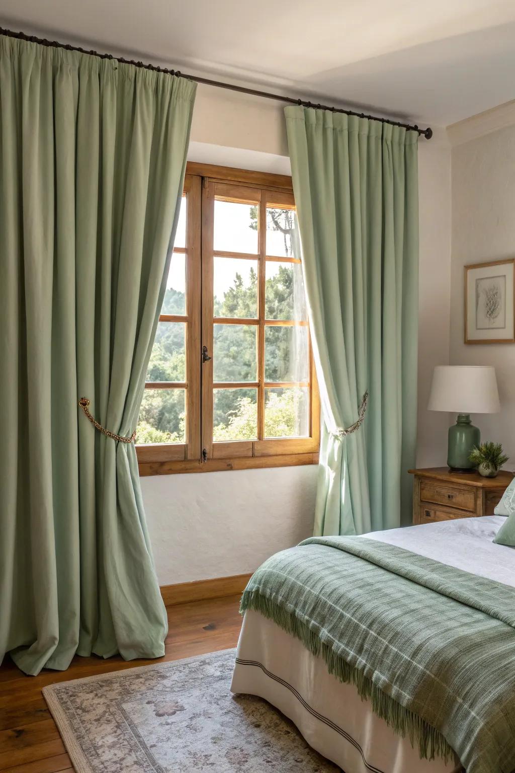 Add softness with sage green curtains.