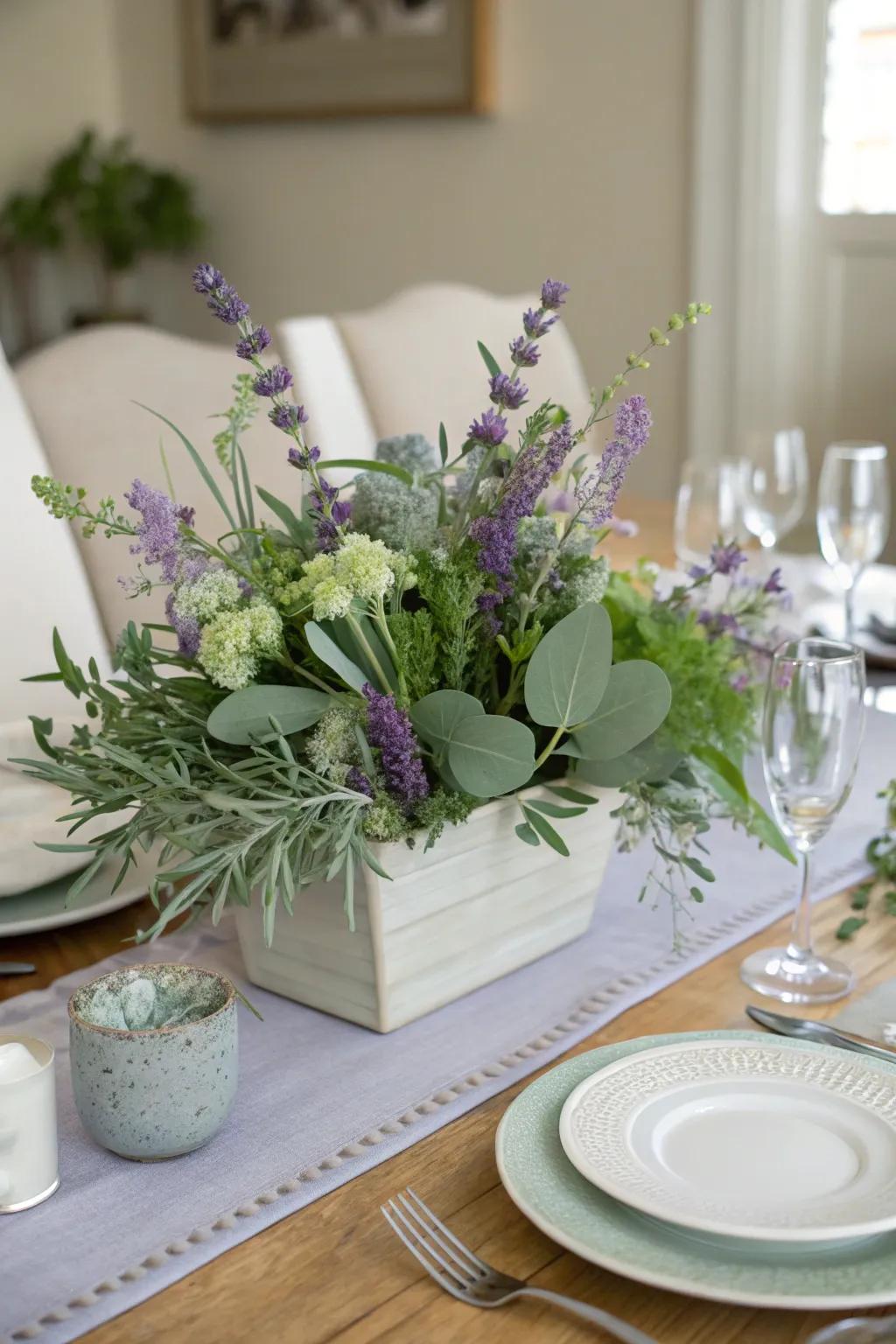 The combination of sage green and lavender produces a calming, scented focal point.
