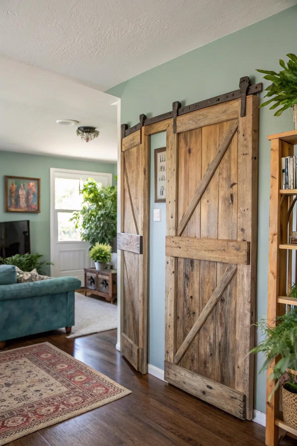 Eco-aware appeal with repurposed saloon doors.