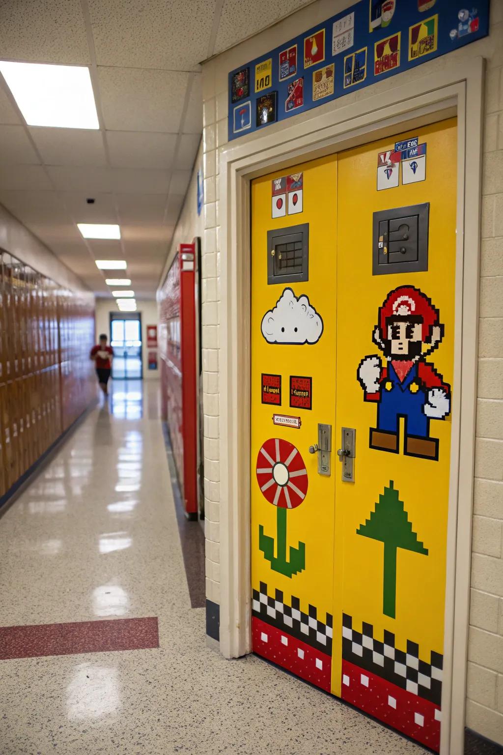 A nostalgic old school arcade-themed academic entrance.