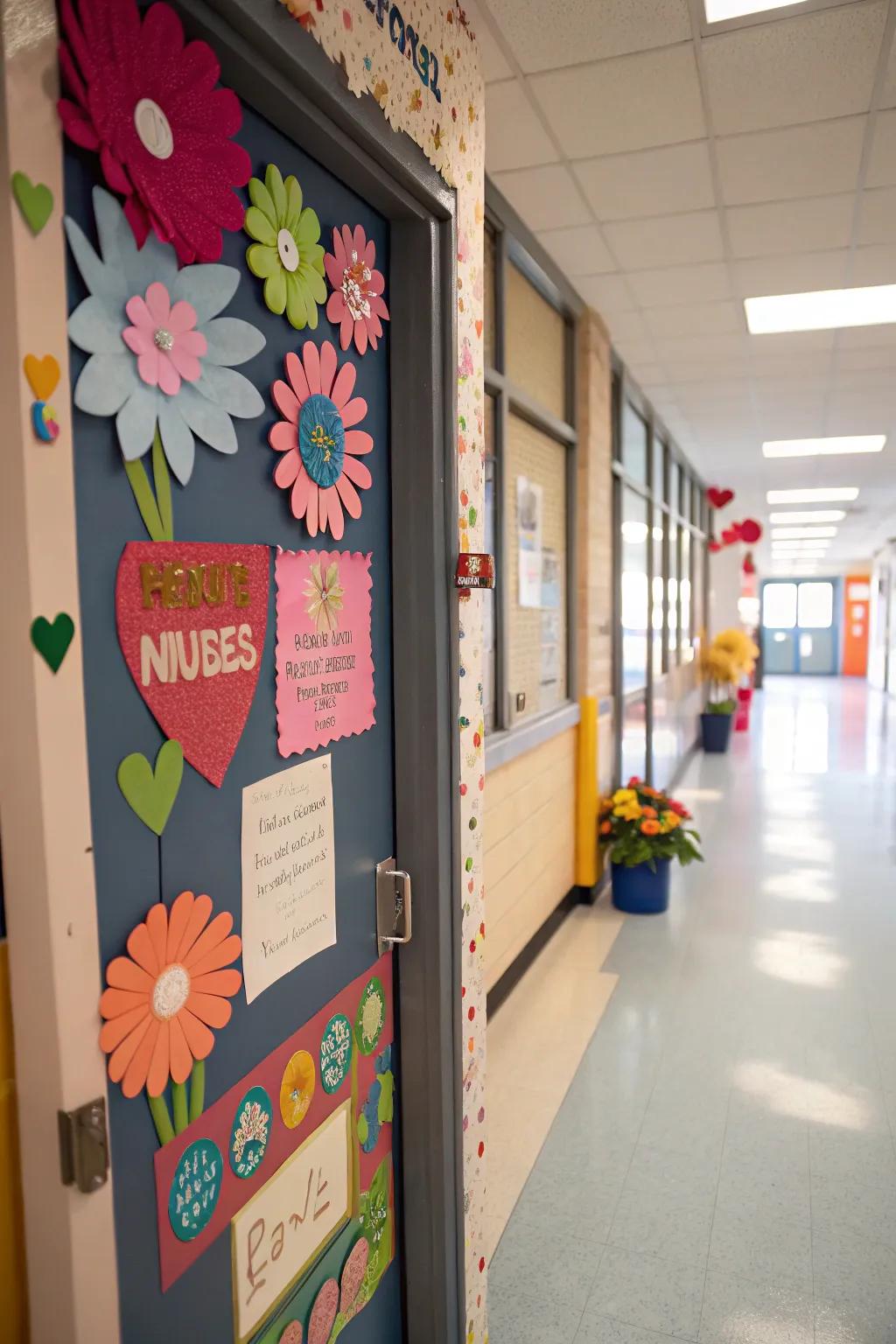 A school nurse door shows homemade crafts for a personal touch.